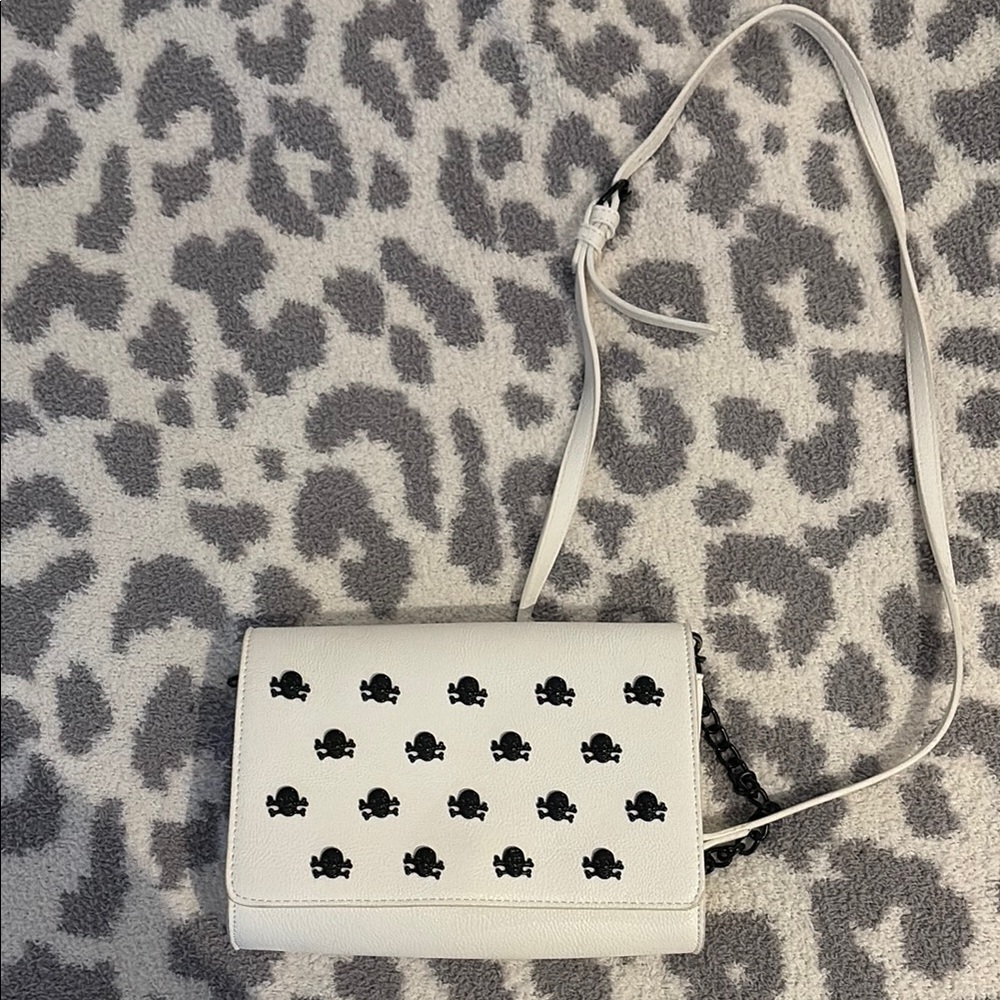 White Crossbody Bag with Black Skull Design